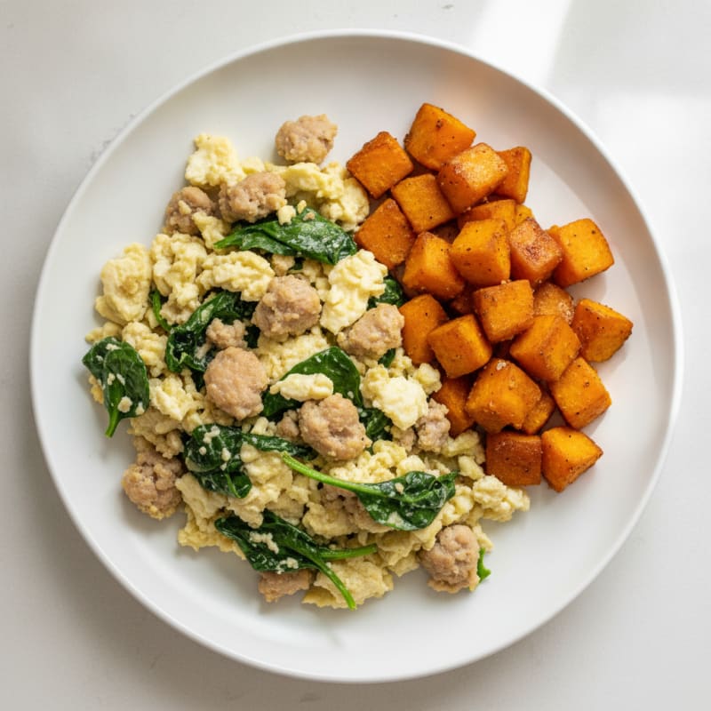 Egg White and Turkey Sausage Scramble with Spinach and Roasted Sweet Potatoes