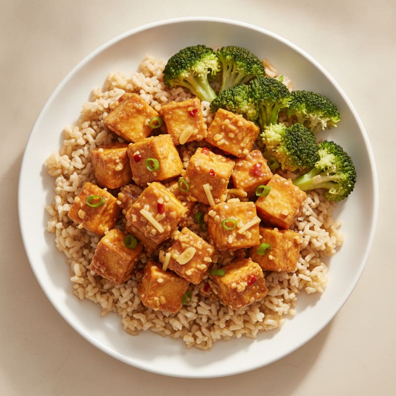 General Tso's Chicken and Tofu with Brown Rice