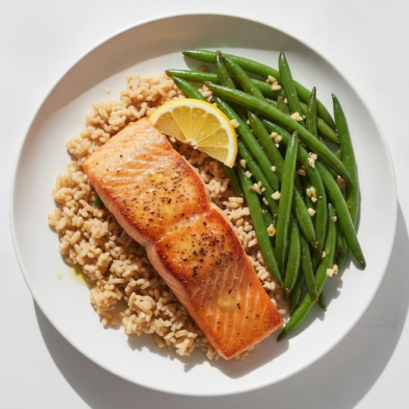 Seared Salmon with Garlic Green Beans and Brown Rice