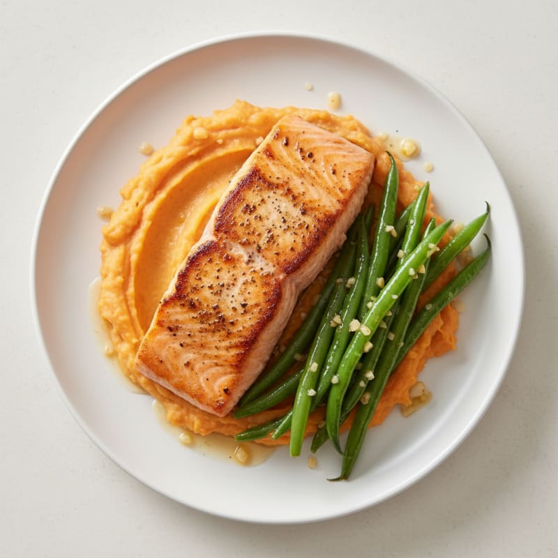 Seared Salmon with Garlic Green Beans and Sweet Potato Mash