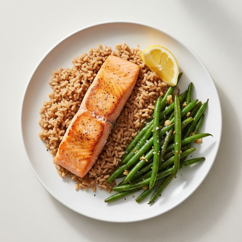 Seared Salmon Fillet with Garlic Green Beans and Brown Rice