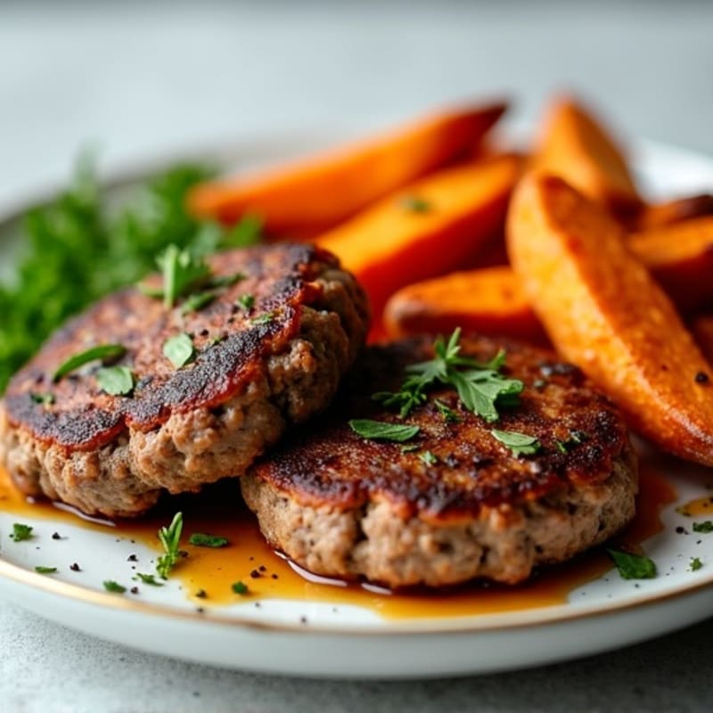 Herb-Seasoned Lean Beef Patties with Crispy Baked Sweet Potato Fries