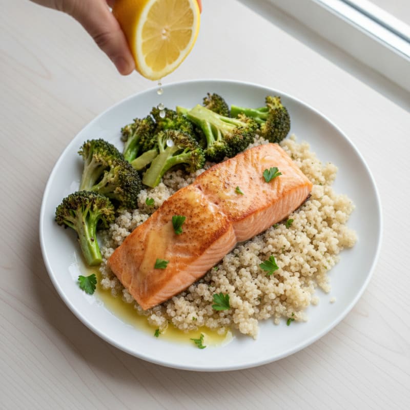 Seared Salmon with Roasted Broccoli and Quinoa