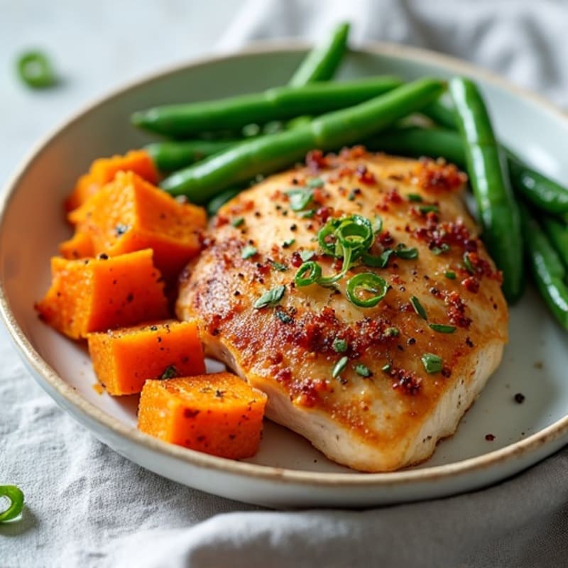 Crispy Roasted Sweet Potatoes with Herb-Crusted Chicken and Green Beans