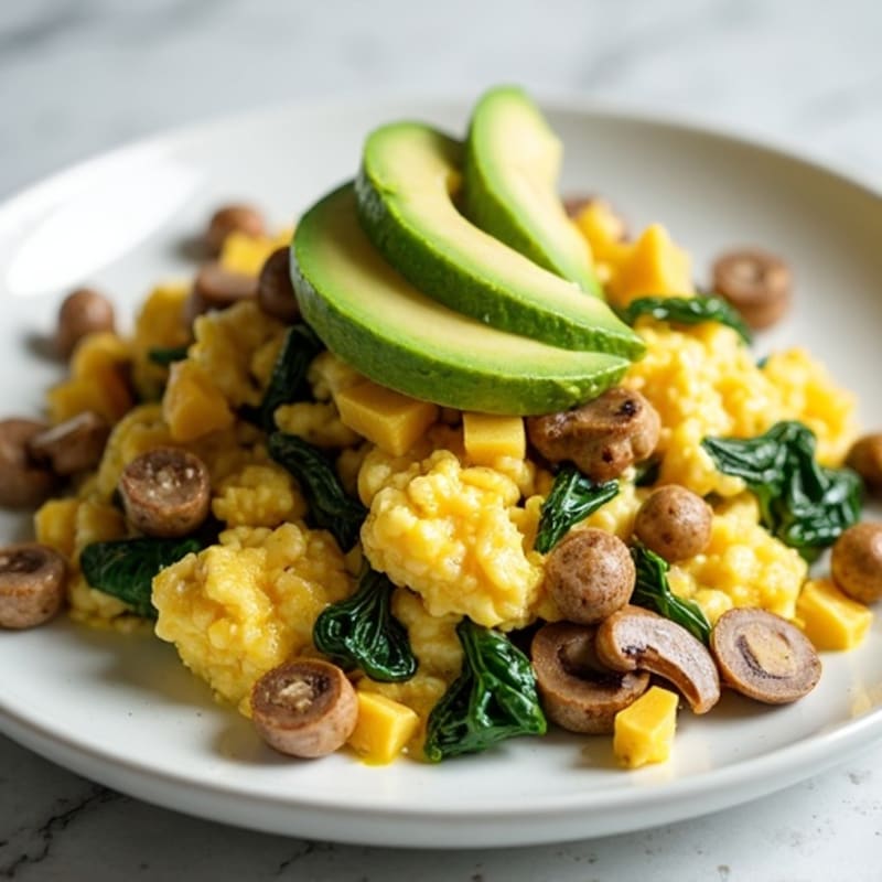 Egg White and Turkey Sausage Scramble with Spinach and Mushrooms