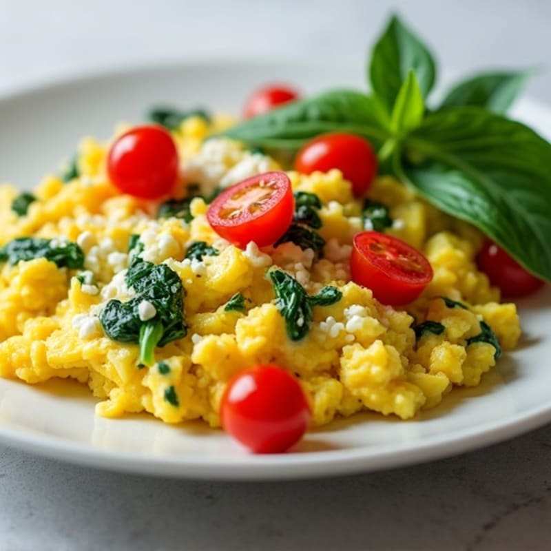 Creamy Scrambled Eggs with Sautéed Spinach and Cherry Tomatoes