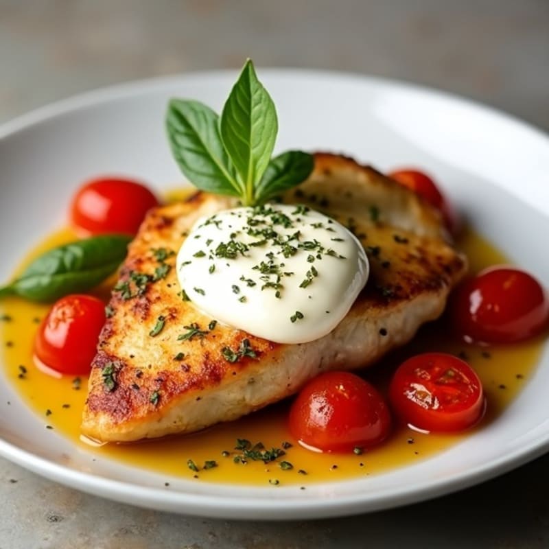 Pan-Seared Chicken with Creamy Fresh Mozzarella and Roasted Cherry Tomatoes