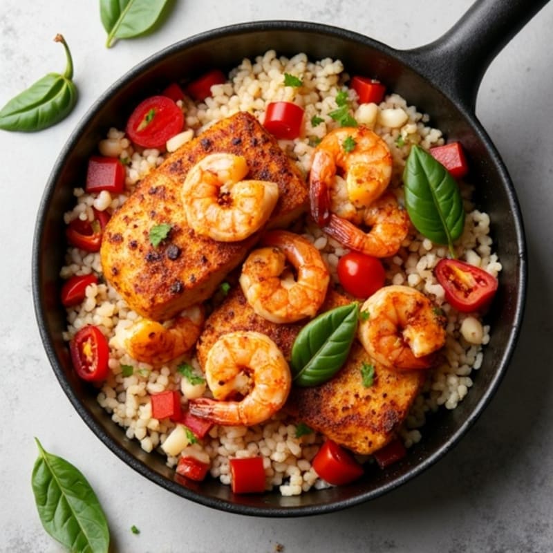 Spicy Shrimp and Chicken Cauliflower Rice Skillet