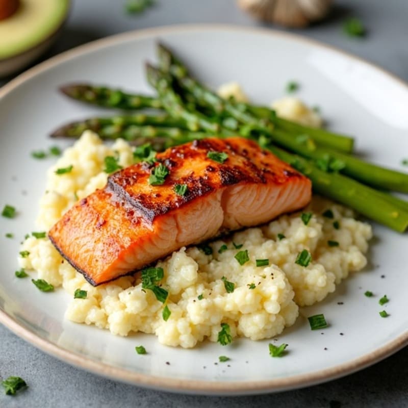 Seared Salmon with Creamy Garlic Cauliflower Mash and Steamed Asparagus