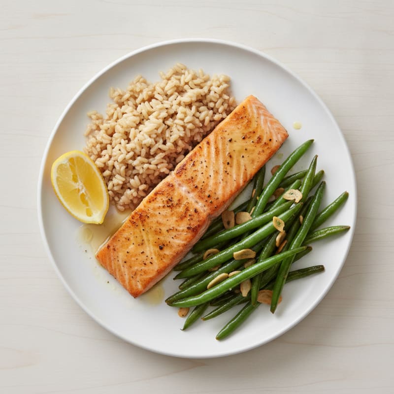 Seared Salmon with Garlic Green Beans and Brown Rice