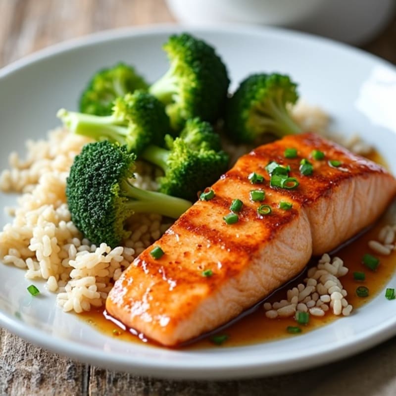 Soy-Ginger Glazed Salmon with Steamed Jasmine Rice and Stir-Fried Broccoli
