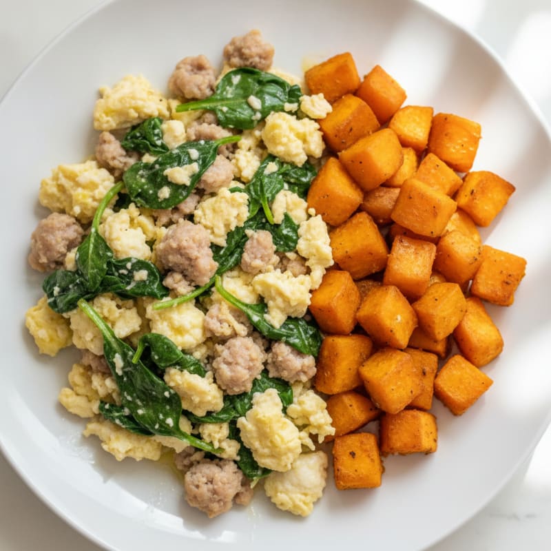 Egg White and Turkey Sausage Scramble with Spinach and Roasted Sweet Potato