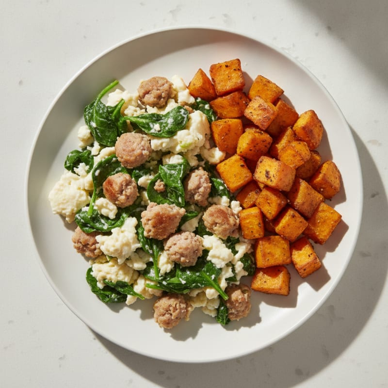 Egg White and Turkey Sausage Scramble with Spinach and Roasted Sweet Potatoes