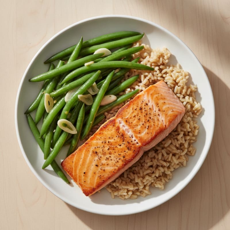 Seared Salmon with Garlic Green Beans and Brown Rice