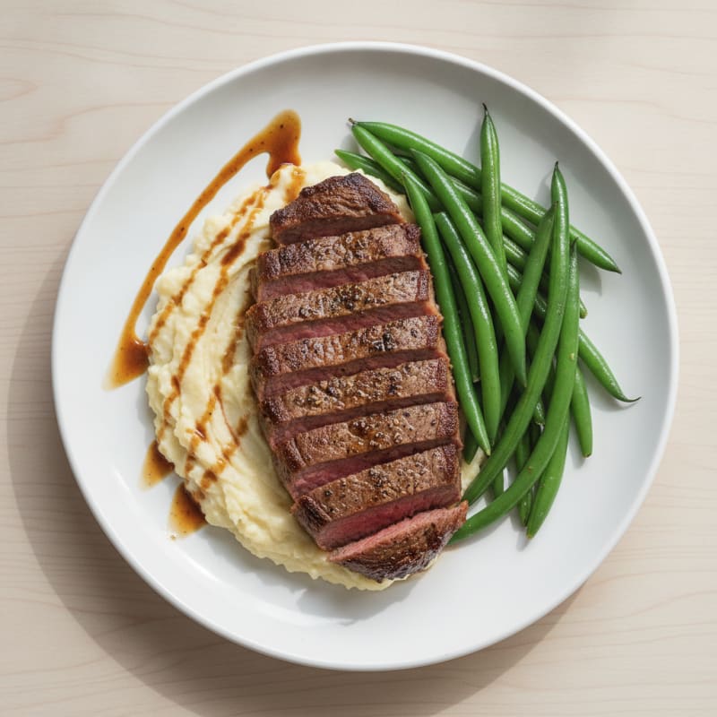 Seared Lean Beef with Steamed Green Beans and Cauliflower Mash