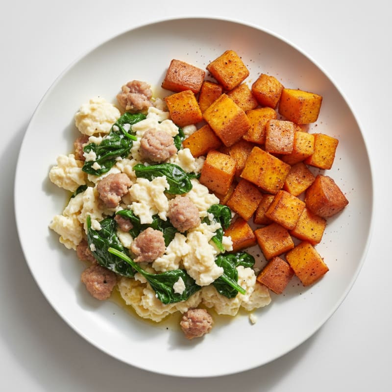 Egg White and Turkey Sausage Scramble with Spinach and Roasted Sweet Potato