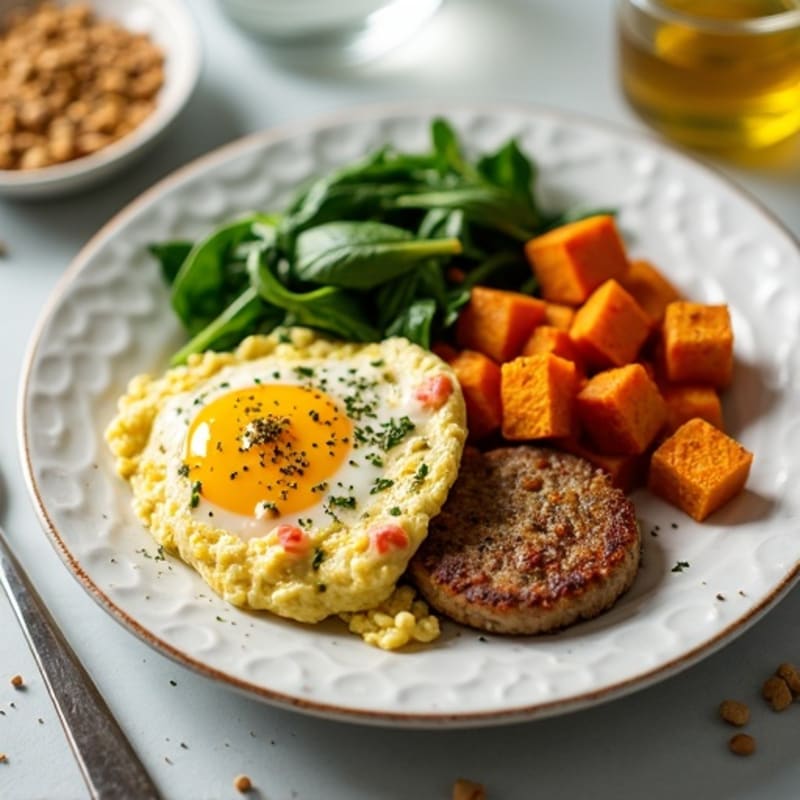 Egg White and Turkey Sausage Scramble with Spinach and Roasted Sweet Potato