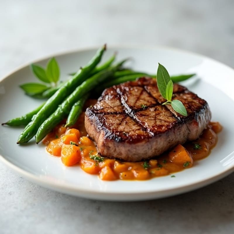 Seared Steak with Roasted Sweet Potato and Steamed Green Beans