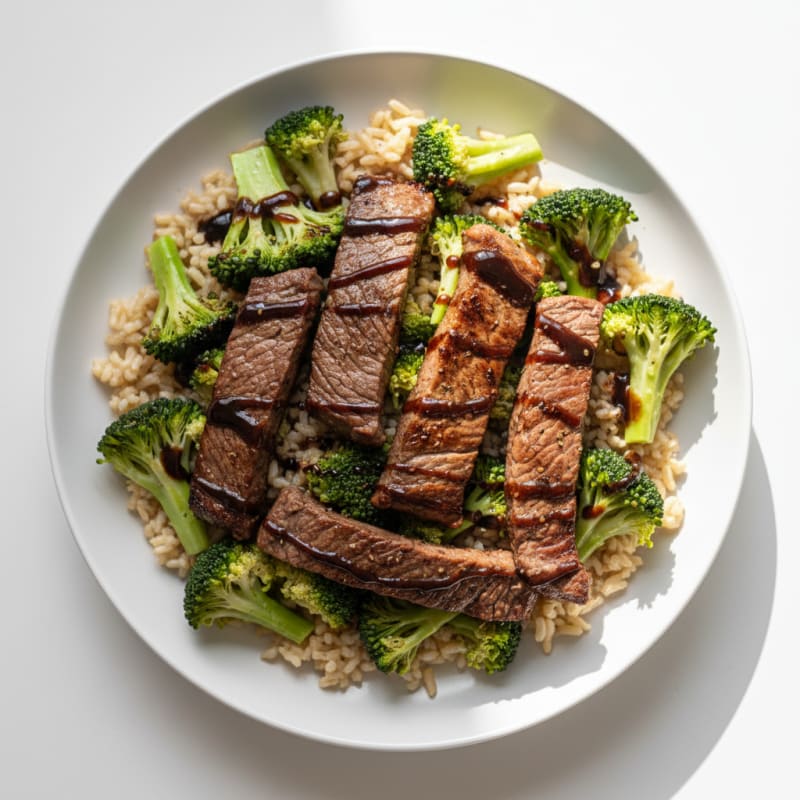 Grilled Steak Strips with Steamed Broccoli and Brown Rice