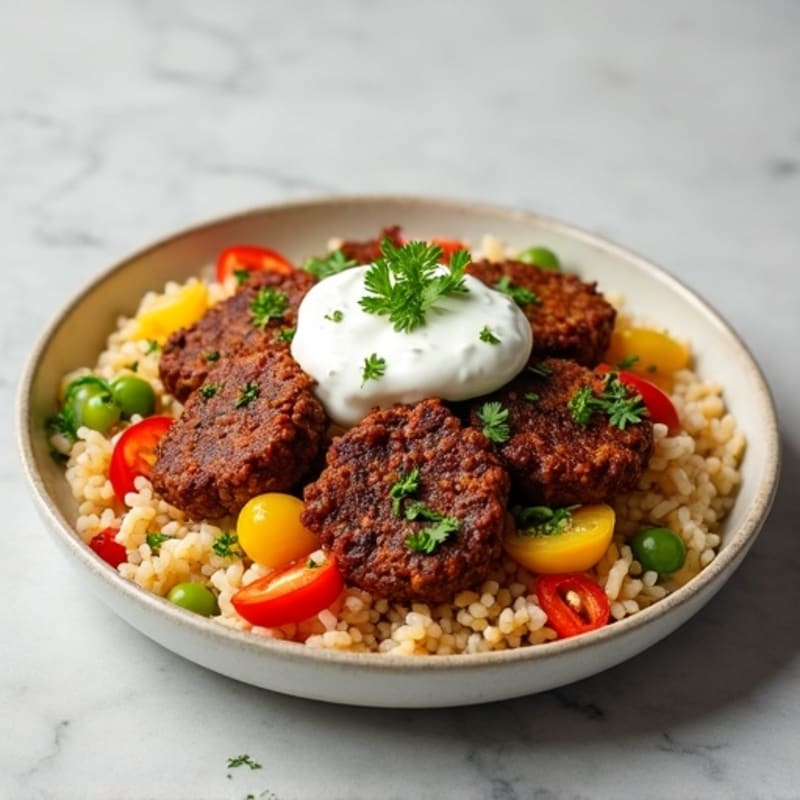 Crispy Ground Beef with Rice and Creamy Herb Yogurt