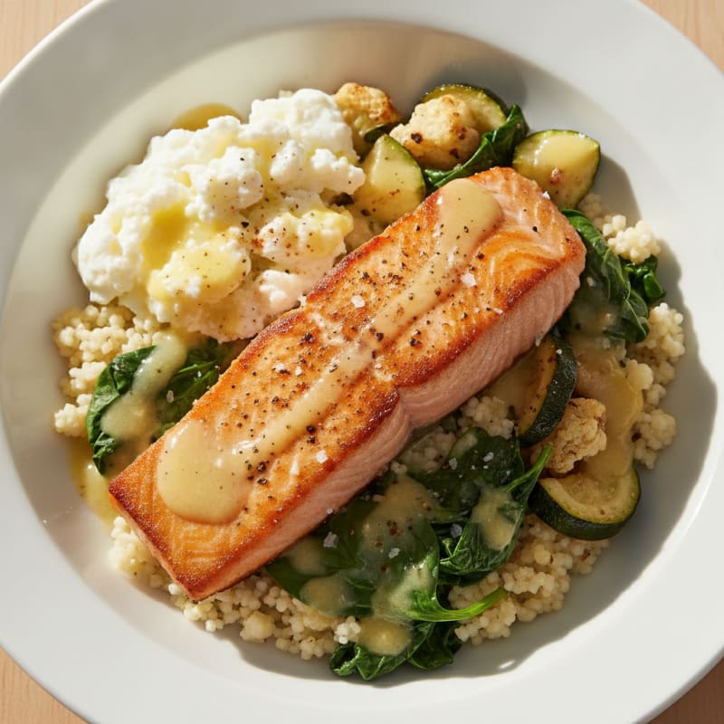 Pan-Seared Salmon and Roasted Vegetable Bowl