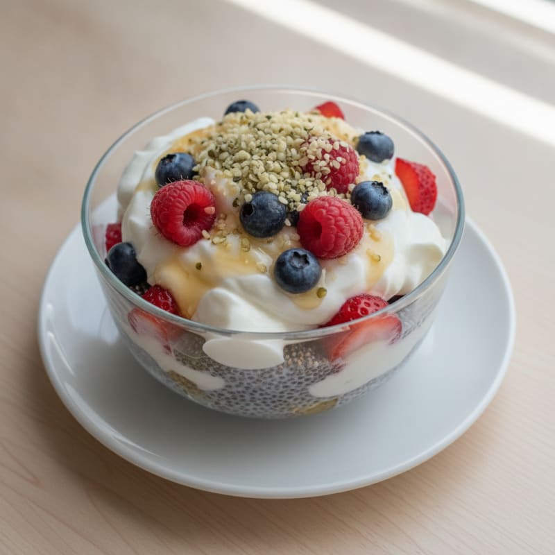 Creamy Greek Yogurt Parfait with Chia Seeds, Berries, and Hemp Hearts