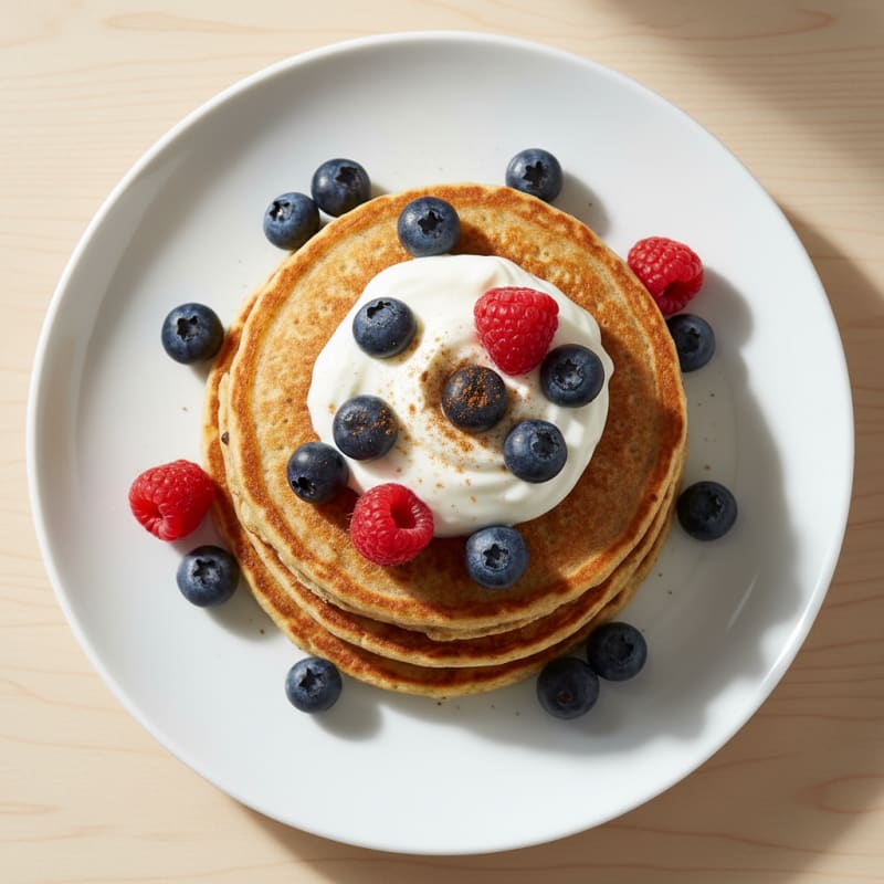 Cottage Cheese Protein Pancakes with Greek Yogurt and Berries