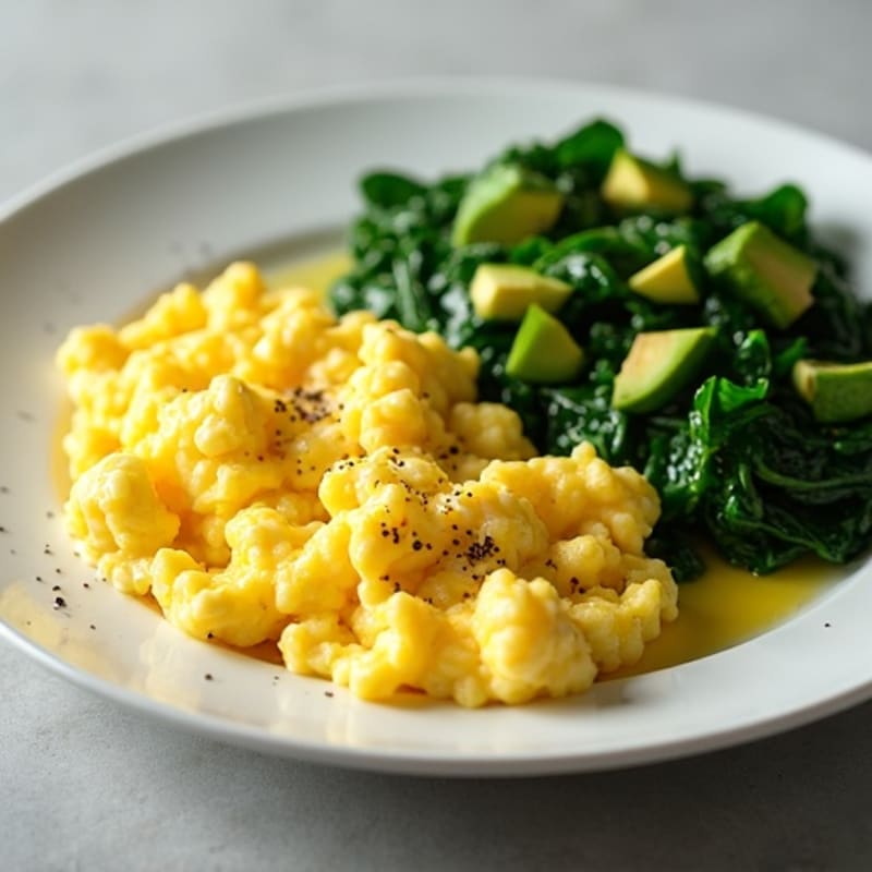Fluffy Scrambled Eggs with Sautéed Greens and Avocado