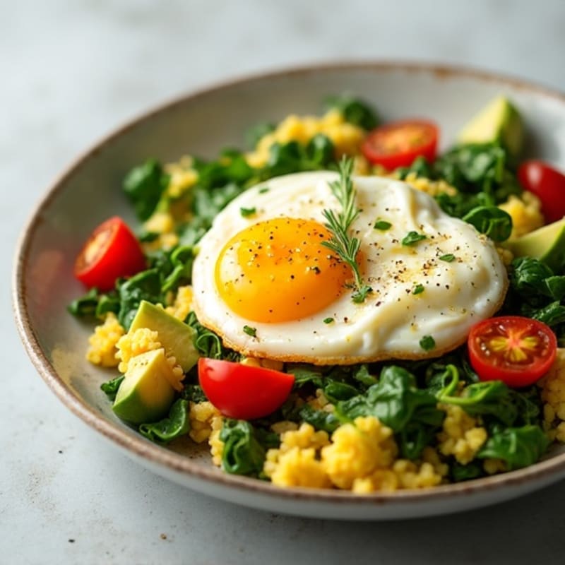 Cottage Cheese Egg White Scramble with Spinach and Cherry Tomatoes