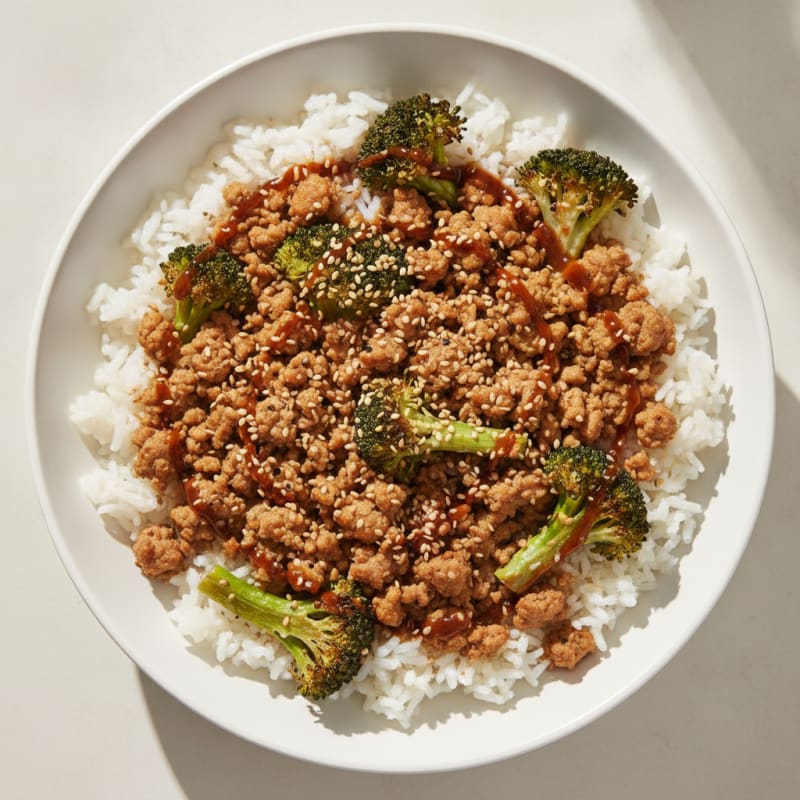 Ground Turkey and Jasmine Rice Bowl with Roasted Broccoli
