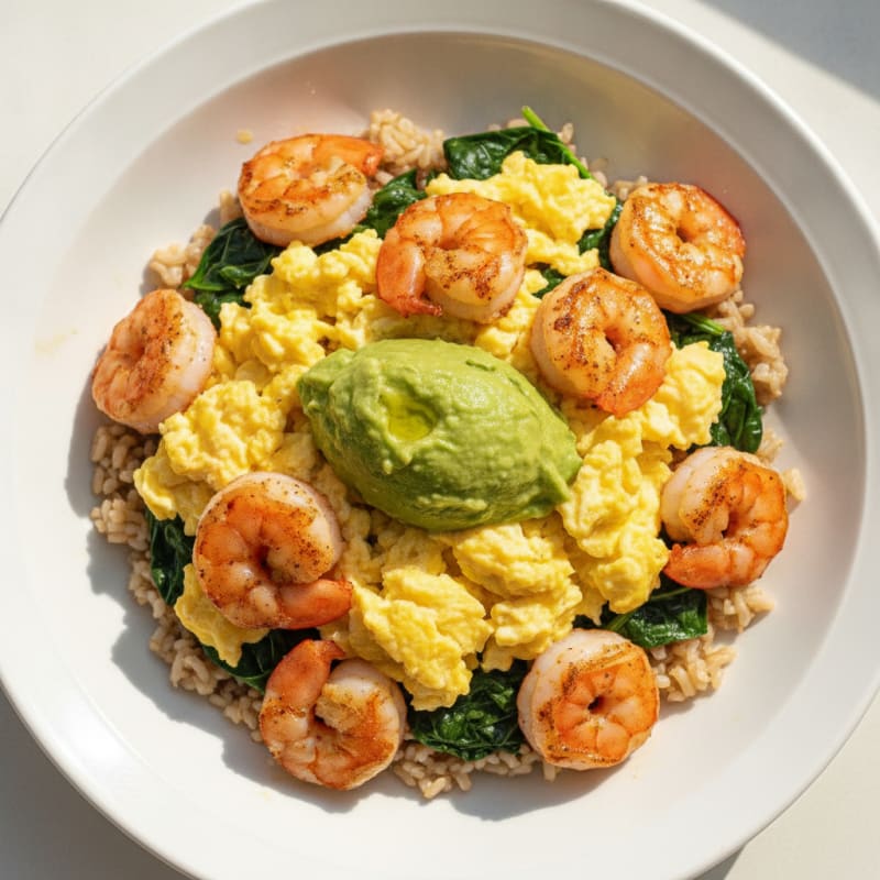 Scrambled Eggs with Seared Shrimp and Spinach