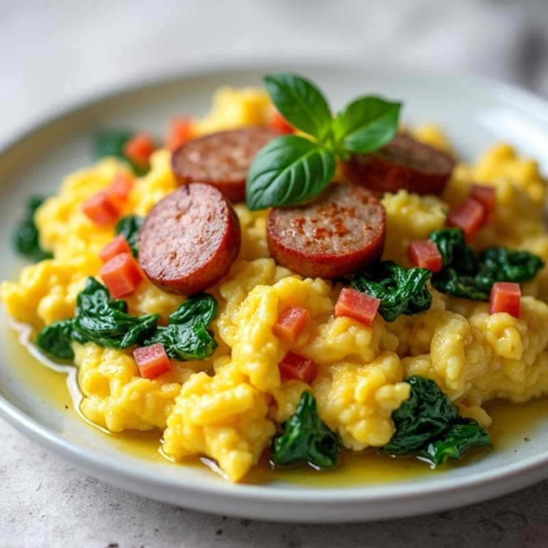Egg White Scramble with Chicken Sausage and Spinach