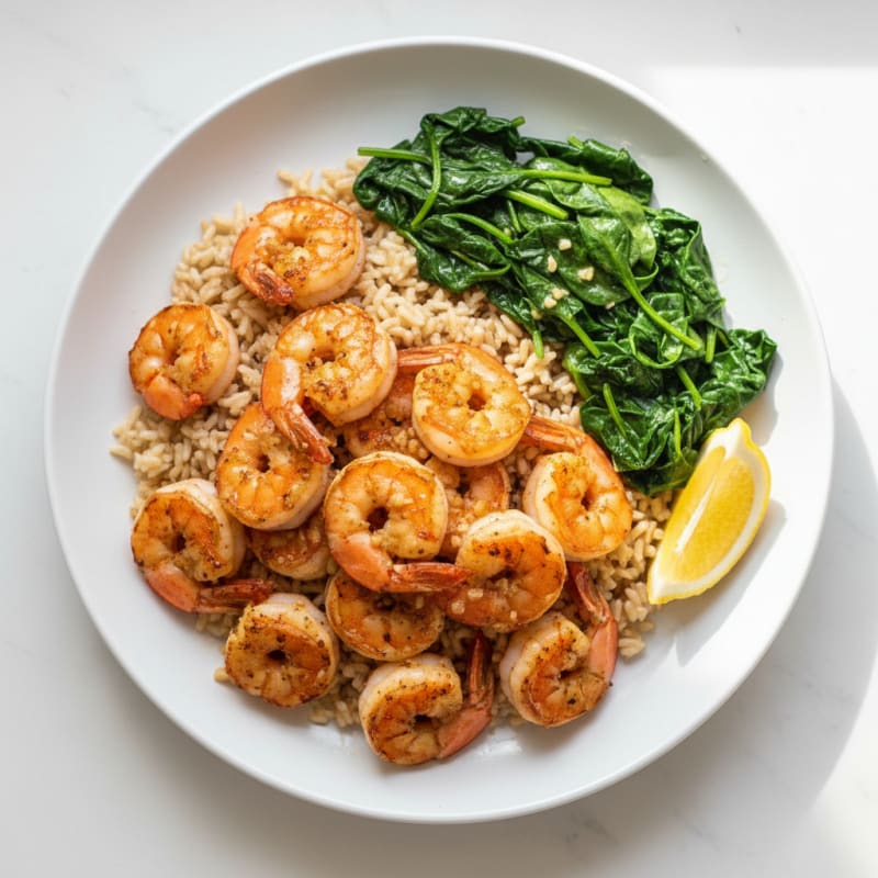 Seared Garlic Shrimp with Steamed Brown Rice and Sautéed Spinach