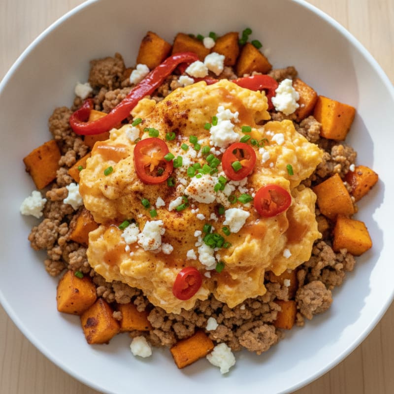 Spicy Scrambled Egg and Turkey Sweet Potato Bowl
