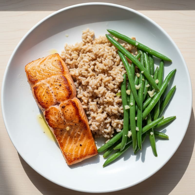 Seared Salmon Fillet with Garlic Green Beans and Brown Rice