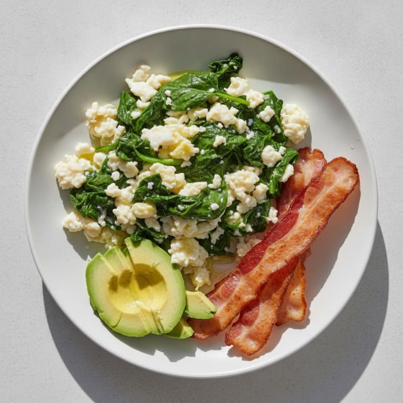 Scrambled Egg Whites with Sautéed Spinach and Turkey Bacon