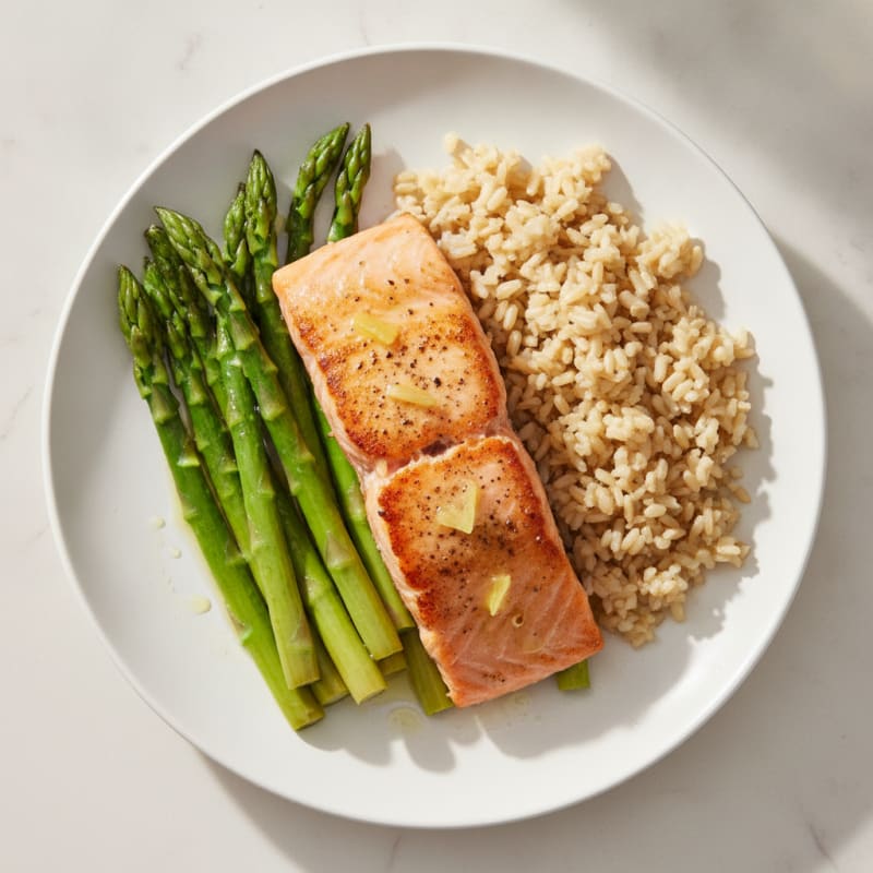 Seared Salmon with Steamed Asparagus and Brown Rice