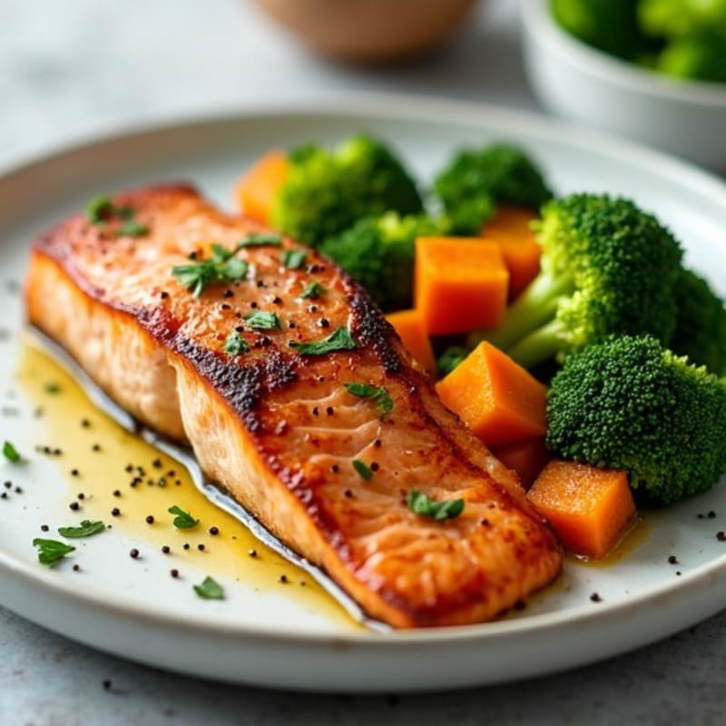 Seared Salmon with Roasted Sweet Potato and Steamed Broccoli