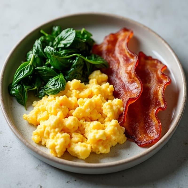 Scrambled Eggs with Crispy Turkey Bacon and Sautéed Greens