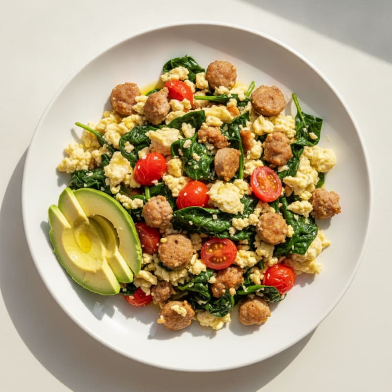 Egg White and Turkey Sausage Scramble with Spinach and Tomatoes