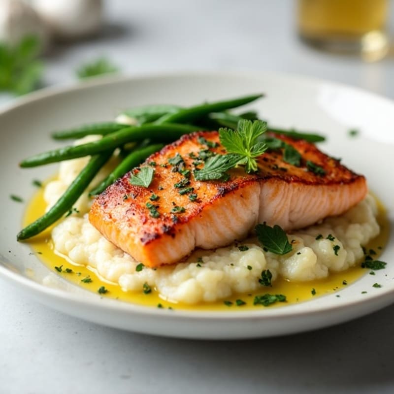 Seared Salmon with Garlic Green Beans and Cauliflower Mash