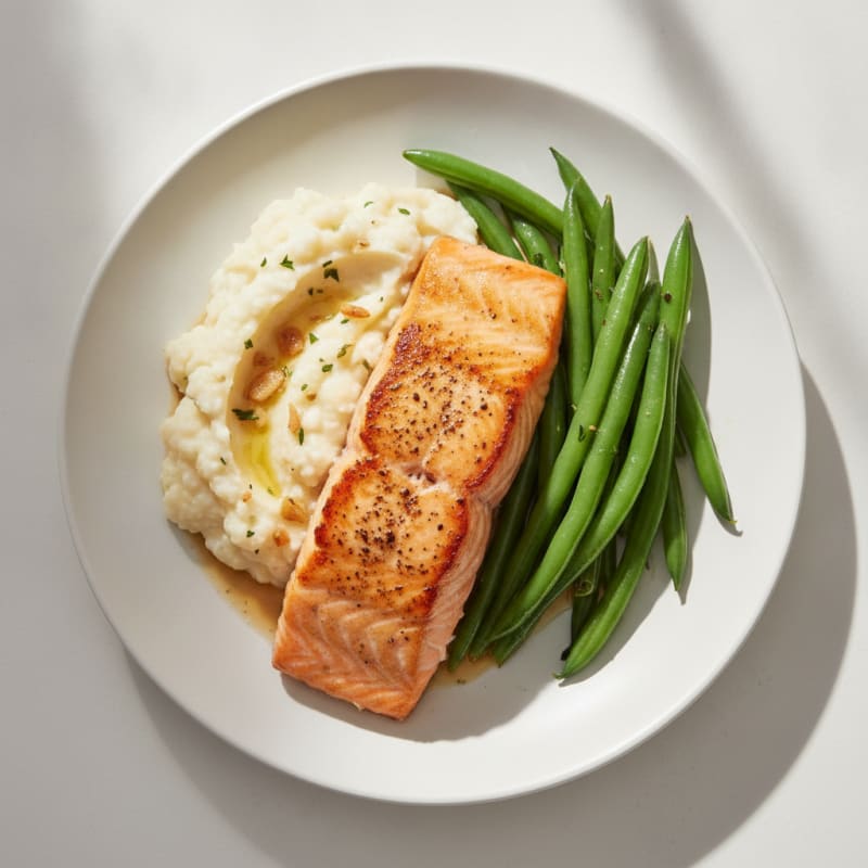 Seared Salmon with Steamed Green Beans and Garlic Mashed Cauliflower