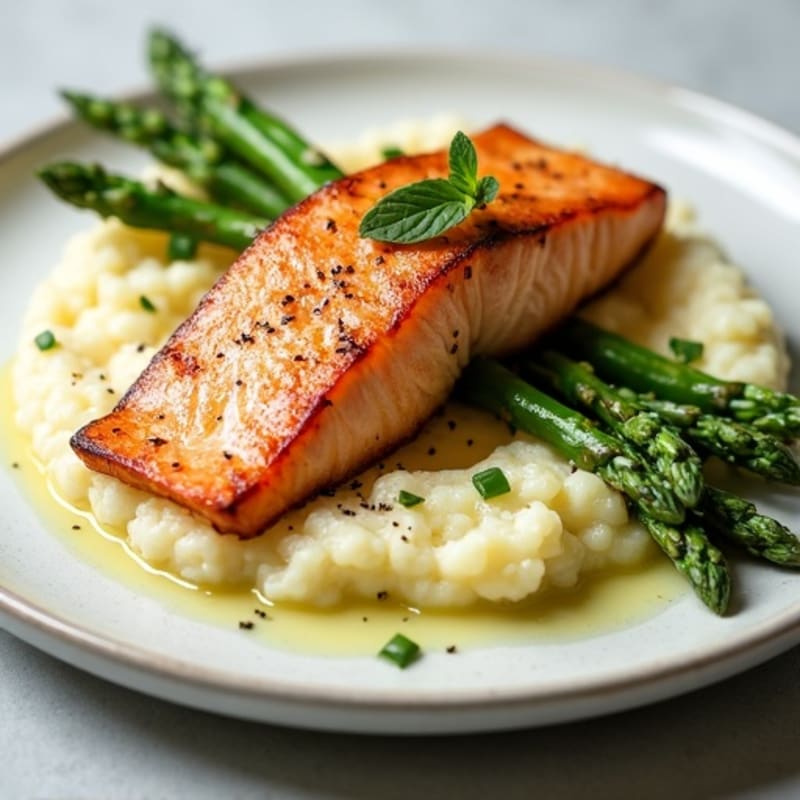 Seared Salmon with Steamed Asparagus and Cauliflower Mash
