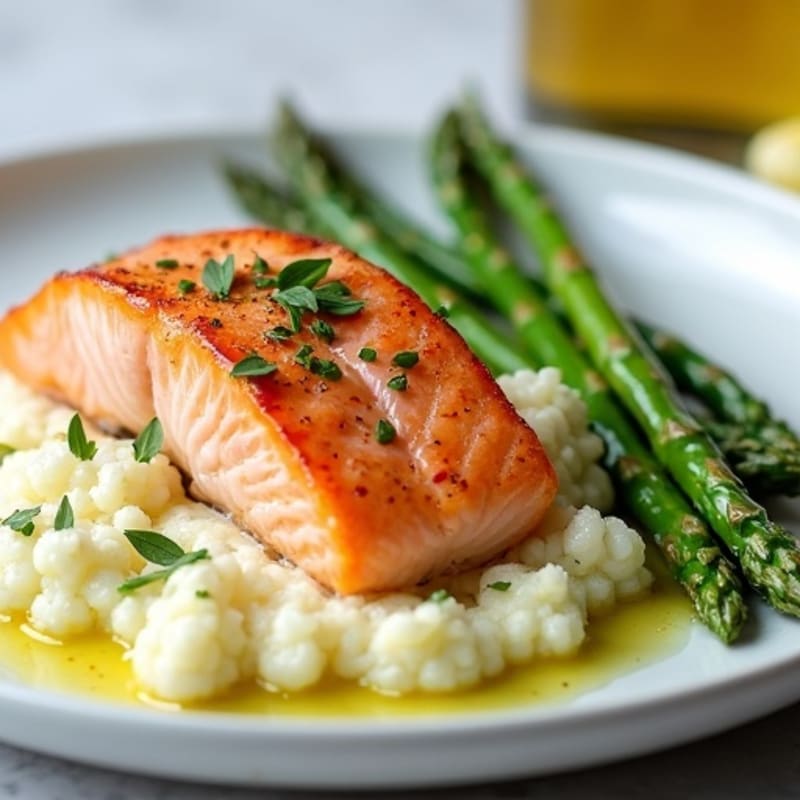 Seared Salmon with Steamed Asparagus and Garlic Mashed Cauliflower