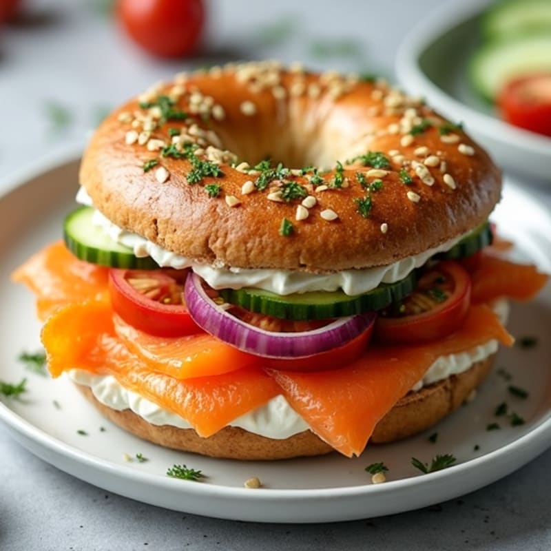 Smoked Salmon Whole Grain Bagel with Creamy Dill Spread and Fresh Crispy Veggies