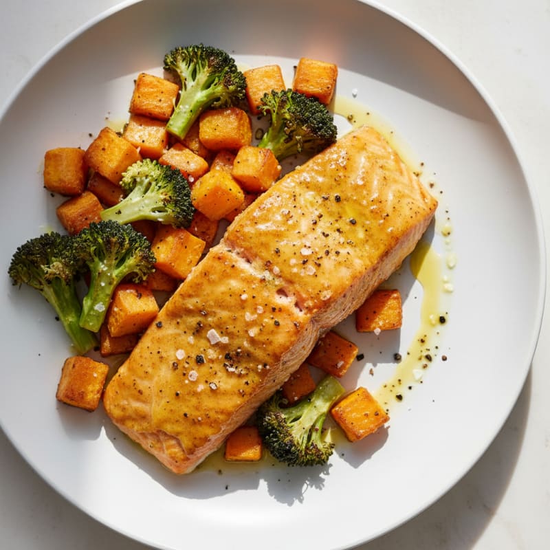 Golden Baked Salmon with Roasted Sweet Potatoes