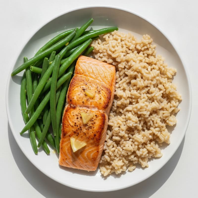 Seared Salmon with Steamed Green Beans and Brown Rice