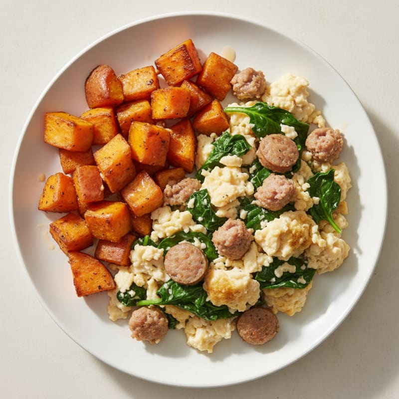 Egg White and Turkey Sausage Scramble with Spinach and Roasted Sweet Potatoes