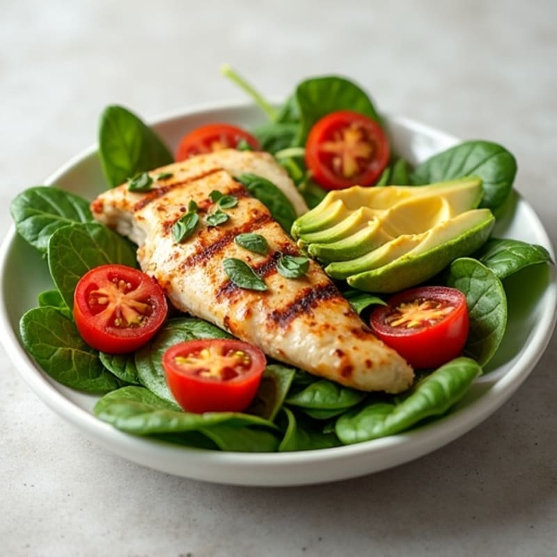 Grilled Chicken Spinach Salad with Cherry Tomatoes and Balsamic Vinaigrette