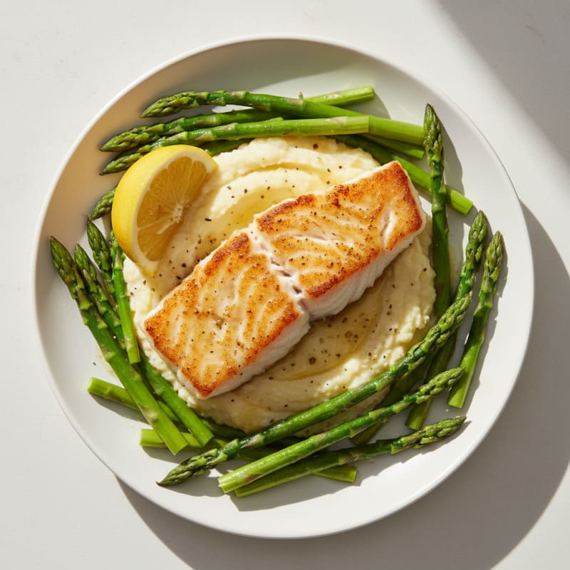 Seared Cod with Steamed Asparagus and Cauliflower Mash